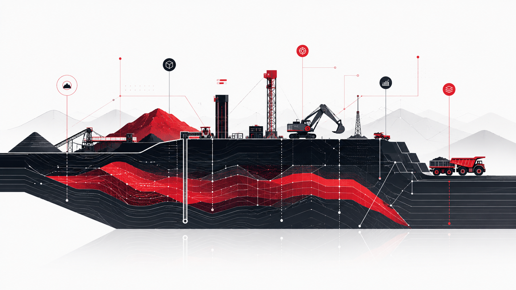 Wide panoramic cross-section of an open-cut mining operation with excavator and haul trucks; labeled data pins for exploration targets, resource model, analytics, drilling data, and risk